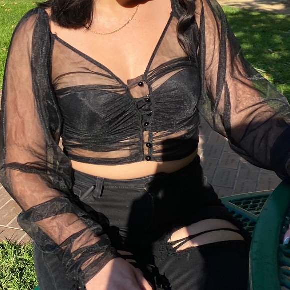 PLT - black button up sheer crop top - Picture 4 of 4